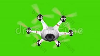 带着<strong>监控摄像</strong>头在绿色屏幕上飞行的无人机。