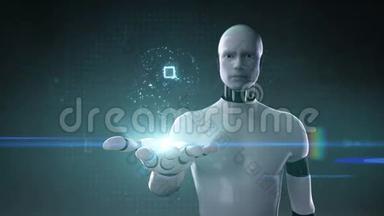 机器人半机械人张开手掌，大脑形状连接数字线，培养人工智能