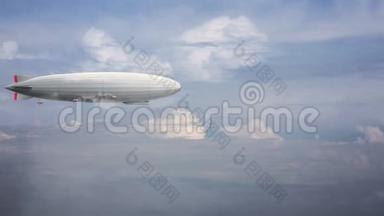传说中巨大的齐柏林飞艇在天空与云。 定型化的飞行气球..