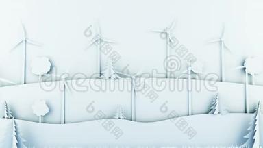 带有风力涡轮机的纸制卡通景观。 生态概念。 现实的4k动画。
