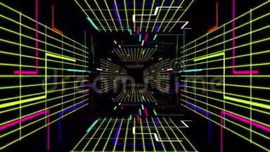 数字未来式隧道路径彩色变换几何线与分块网格的无缝三维动画