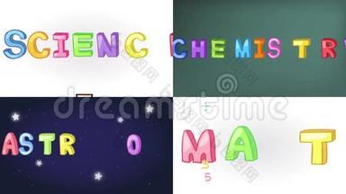 四个屏幕动画的科学，数学，化学和天<strong>文学</strong>手写涂鸦与符号<strong>图标</strong>对象工具移动