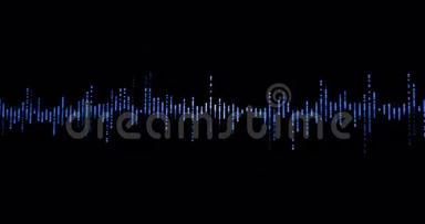 蓝色数字均衡器音频声波在黑色背景，立体声效果信号与垂直线与阿尔法，频道
