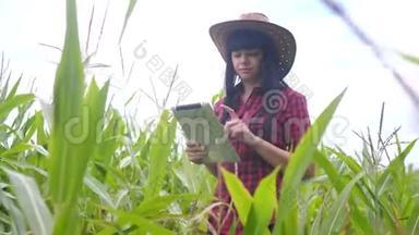 智慧<strong>生态农业</strong>耕作理念生活方式.. 农民女孩植物研究人员在检查时使用和触摸平板电脑