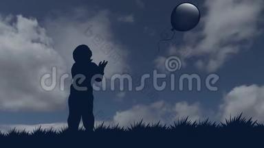 小男孩让气球飞向天空。 一个男孩在气球的背景下固定的剪影
