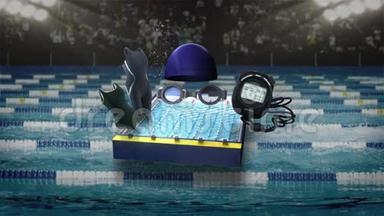 游泳图标，游泳比赛跑道，帽子，秒表..
