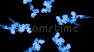 荧光蓝墨水或烟雾形成恒星，在黑色上缓慢地分离。 蓝色在水中蔓延。 使用墨水