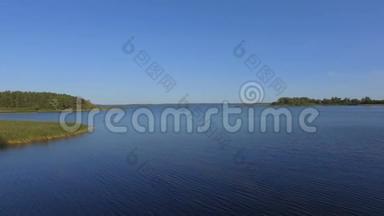 俄罗斯美丽的塞利格湖水面、芦苇和森林的鸟瞰图