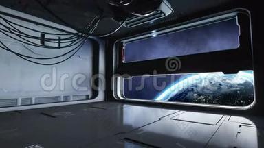 未来主义空间走廊，隧道.. 地球的飞行视图。 影院4k动画..