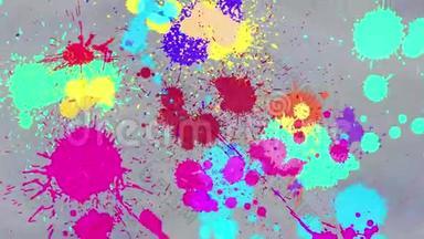 彩色绘画或水彩笔墨在尘土飞扬的纸张上滴、溅的动画，并创造出色彩斑斓的背景图案