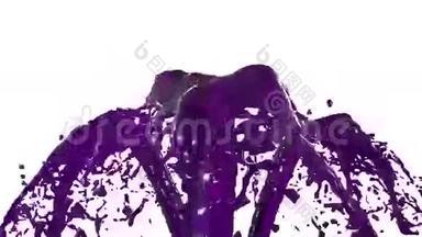 美丽的喷泉紫罗兰液体飞溅，喷泉3D白色背景与阿尔法哑光。 许多果汁流正在上升