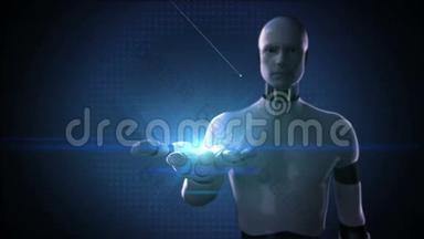 机器人，半机器开启手掌，设备传感器图标连接数字大脑，人工智能.. 物联网。