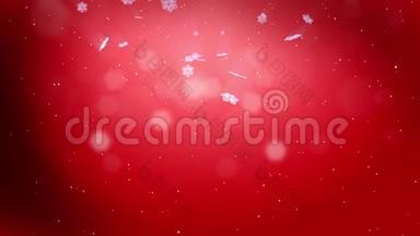 美丽的3D雪花在空气中缓慢地漂浮，在红色的背景下在夜间发光。 使用动画圣诞
