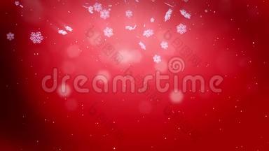 美丽的3D<strong>雪花</strong>在空气中缓慢地<strong>漂浮</strong>，在红色的背景下在夜间发光。 使用动画圣诞