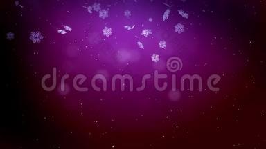 美丽的3D<strong>雪花</strong>在空气中缓慢地<strong>漂浮</strong>，在紫色的背景下在夜间发光。 使用动画圣诞