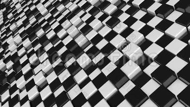 立方体的运动。 未来主义背景与黑白立方体。 有反射的立方体