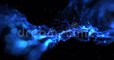 抽象的流阵，彩色的闪光，闪耀着蓝色的线条，黑色背景科学和研究上的粒子