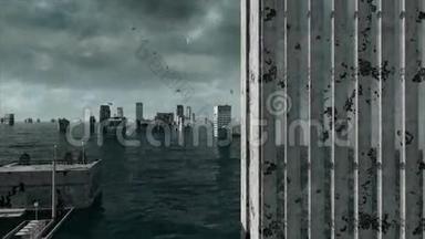 天启水景.. 城市洪水。 暴风雨。 3D动画