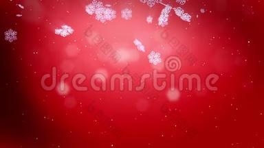 美丽的3D雪花在空气中缓慢地漂浮，并在红色背景上发光。 作<strong>为</strong>圣诞动画使用，新年