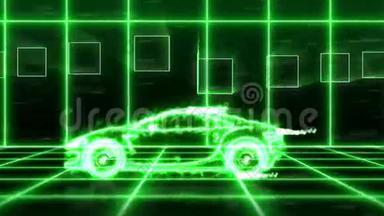 绿色能源未来主义超级汽车的抽象动画，用绿色<strong>光束</strong>线框在未来城市<strong>背景</strong>上制作