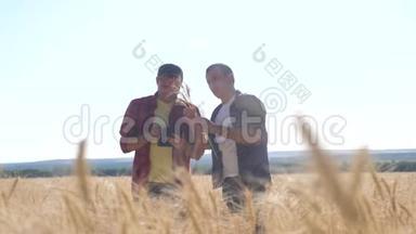 团队合作智能农业。 两个农民在一个麦田里工作。 农民探索正在研究。 数字平板小麦男子