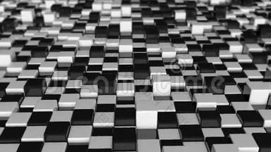 立方体的运动。 未来主义背景与黑白立方体。 有反射的立方体