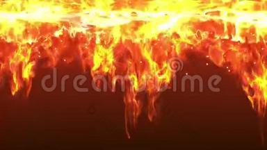 抽象防火幕墙从天空燃烧，火焰火花和灰落在红色背景图案4k超高清。