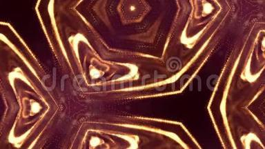 在黑暗背景下，闪耀的金色粒子的三维组成具有深度和波克效应。 照明