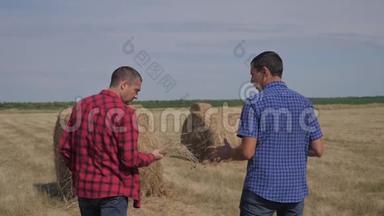 团队农业智慧农业理念.. 两名农<strong>民工</strong>人在数字平板电脑上的干草堆上散步