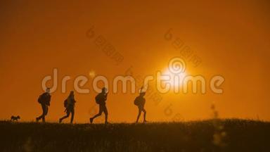 人们徒步旅行团和狗的轮廓阳光下的游客四个人走在夕阳的轮廓之上