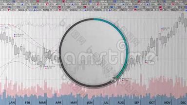 在各种动画股票市场图表上显示大约60个月圆表盘(；没有文本版本)；