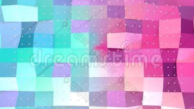 抽象简单的蓝色粉红色低聚三维表面和飞行白色晶体作为美丽的背景。 软几何低聚