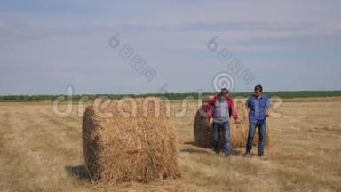 团队农业智慧农业生活方式理念.. 两个男的农民工人走在田野的干草堆上