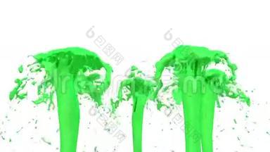 美丽的喷泉喷出的液体像绿色的油漆，喷泉与许多液体流上升高。 3D渲染非常