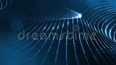 抽象的蓝色环形背景发光粒子，如克里斯马斯花环。 暗成分，振荡发光
