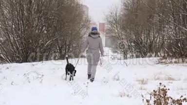 美丽开朗的女孩在雪地里<strong>遛狗</strong>。
