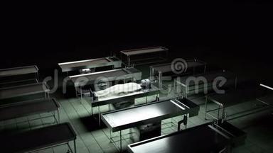 停尸房里的死外星人在桌子上。 未来的尸检概念。 电影4k镜头。