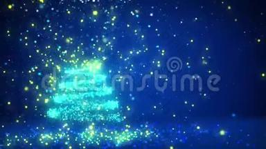 蓝色的大圣诞树从发光发亮的粒子在左边。 冬季主题为圣诞节背景与复制空间。 3d
