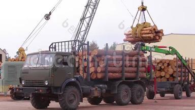 用起重机卸载<strong>原木</strong>车，在锯木厂卸载<strong>原木</strong>，在锯木厂工作流程