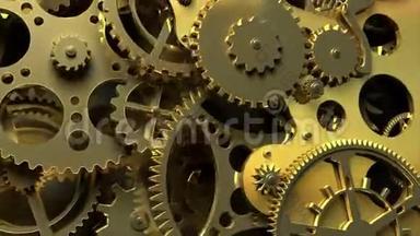 工业<strong>视频背景</strong>。 带有齿轮和弹簧的幻想金色钟表。
