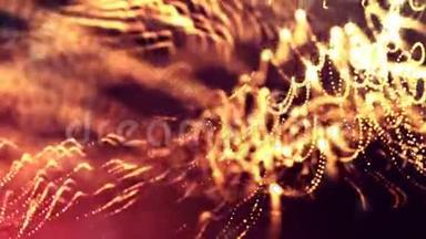 动态抽象背景的发光粒子与闪亮的波克火花。 暗金红色构图