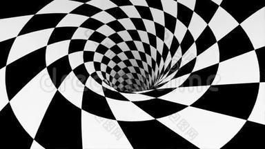 动画催眠隧道与白色和黑色方块。条纹视错觉三维几何<strong>虫洞</strong>