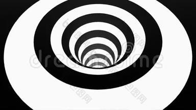 动画催眠隧道与白色和黑色方块。条纹视错觉三维几何虫洞
