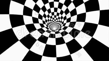 动画催眠隧道与白色和黑色方块。条纹视错觉三维几何<strong>虫洞</strong>