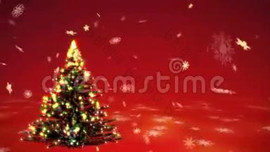 圣诞树上有超现实主义的等离子灯和红色背景下的金色雪花暴雪