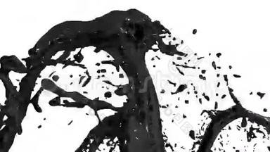 美丽的喷泉黑色液体，如油溅，喷泉3D白色背景与阿尔法哑光。 许多油漆流