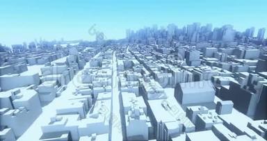 抽象城市，飞越3D虚拟<strong>几何城市建筑</strong>，网络技术。