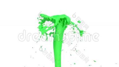 美丽的喷泉喷出的液体像绿色的油漆，喷泉随着<strong>水流</strong>高高<strong>上升</strong>。 3D渲染非常高