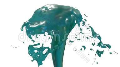 美丽的喷泉喷出的液体像蓝色的果汁，喷泉随着水流高高上升。 3D渲染非常高