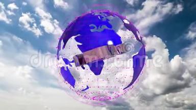 5g符号在地球模型内旋转，背景是云天延时，视频循环